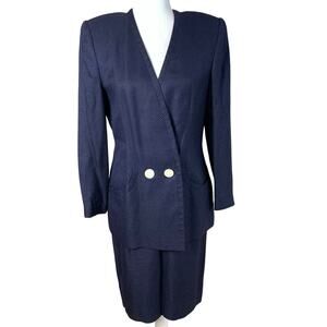 Vintage Kasper Size 6 Skirt Suit w/ Blazer Jacket Navy Blue White Micro Dotted